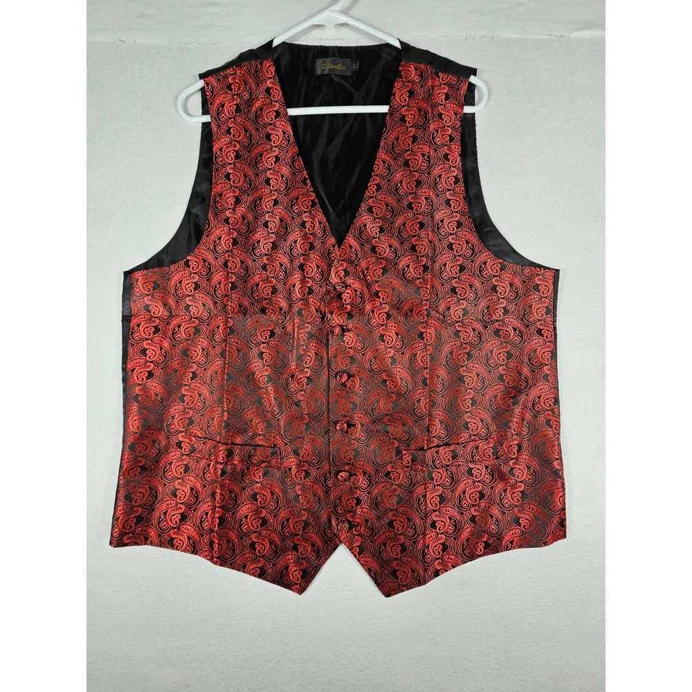 DiBanGu Mens Red Black Paisley Silk Jacquard Formal Suit Vest Waistcoat Large